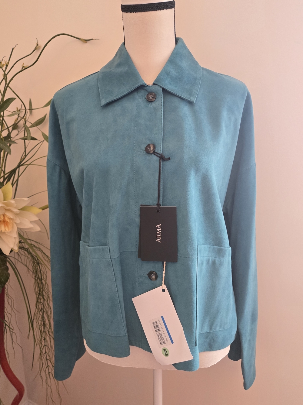 Arma Coats Button-Front Lambskin Suede Jacket TURQUOISE SIZE US 12 NWT